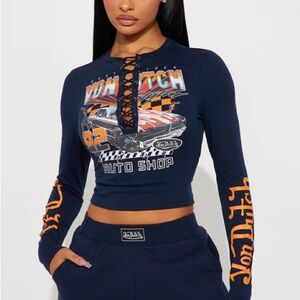 New with Tag! Von Dutch Navy and Orange Lace-Up Graphic Top